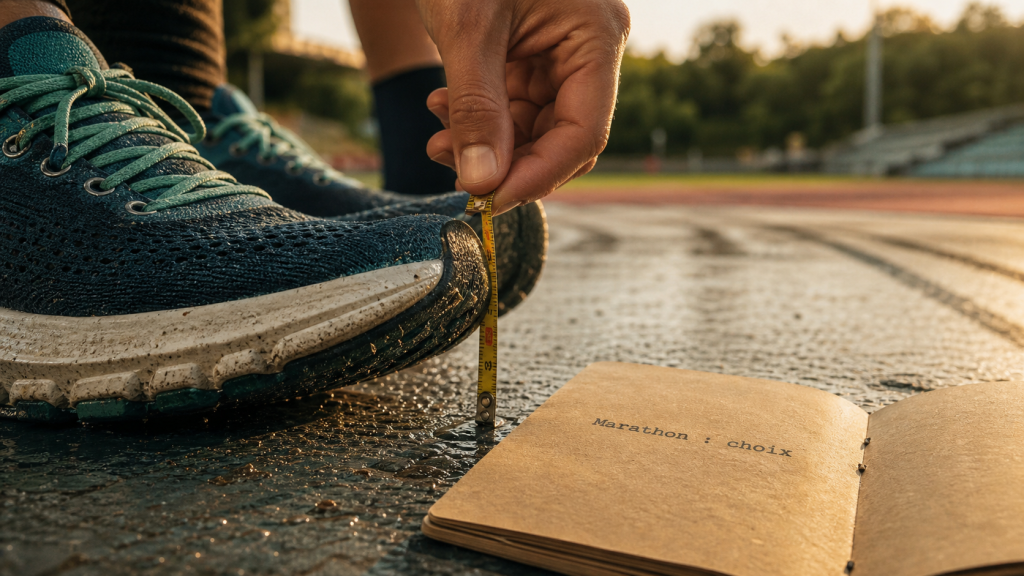 Chaussure pour marathon sur bitume humide, confort et carbone