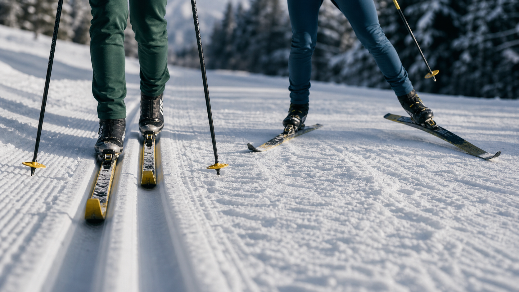 Skating et ski de fond : deux skieurs sur piste damée, geste classique et skating