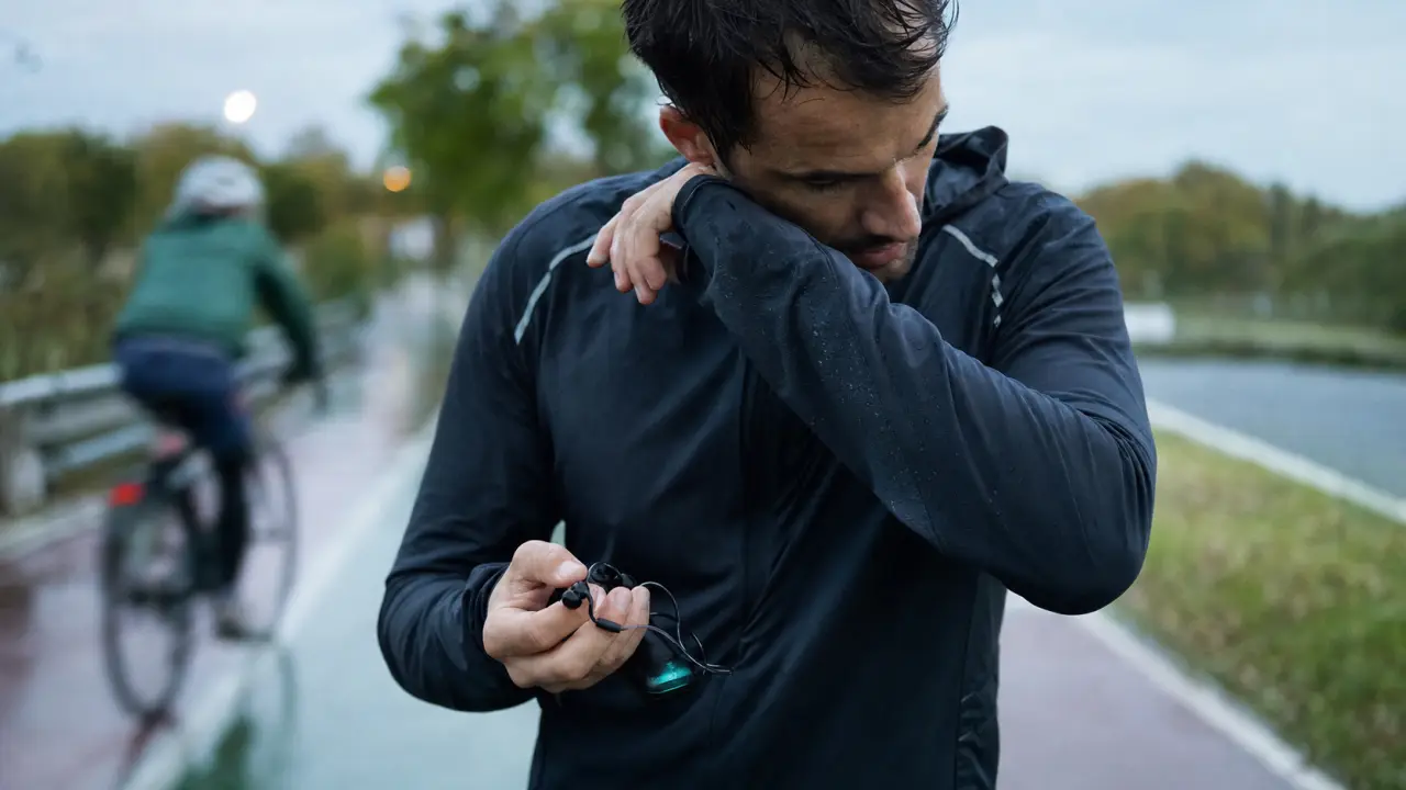 Écouteurs pour courir : maintien fiable, IP55/IP68, oreille libre en piste humide