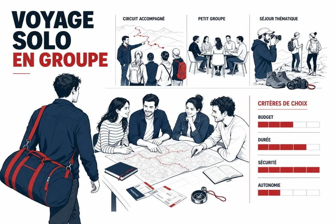 Voyage solo en groupe : illustration éditoriale des formules et critères de choix