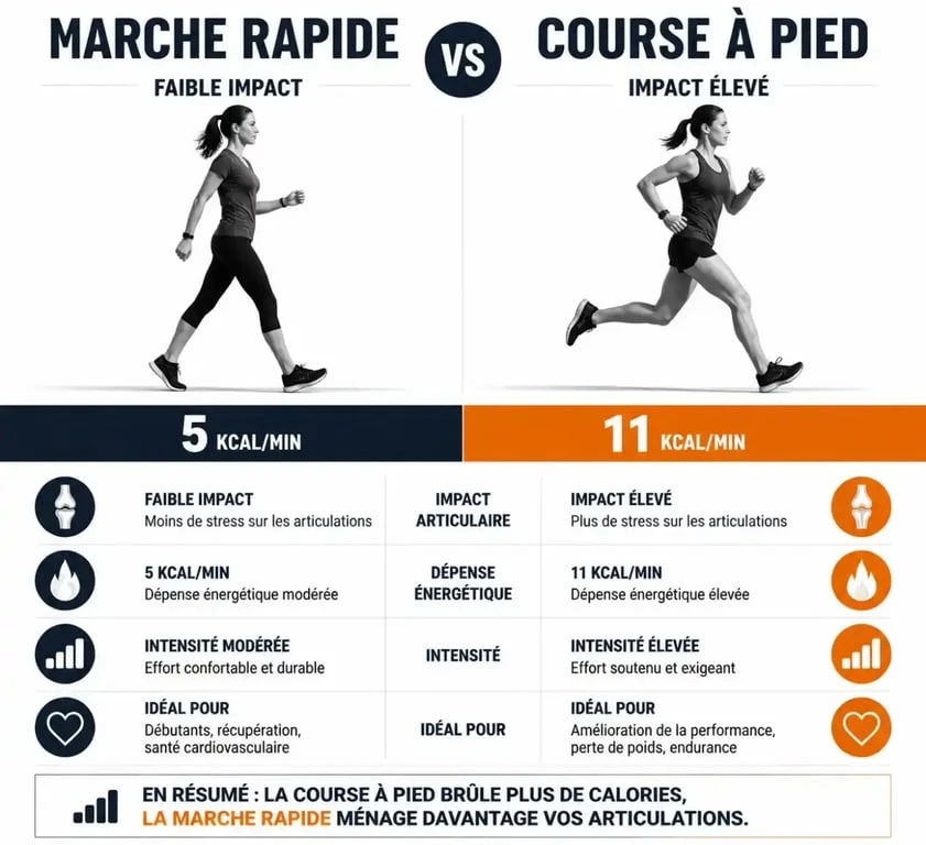 Infographie comparative entre la marche rapide et la course à pied pour choisir son activité physique
