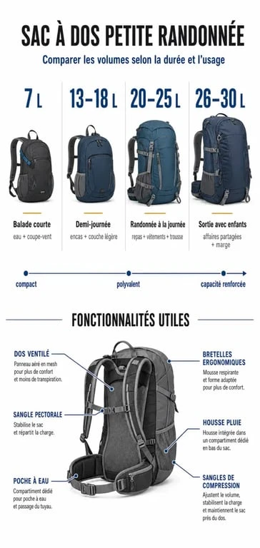 Sac à dos petite randonnée : comparatif des volumes et des fonctionnalités utiles