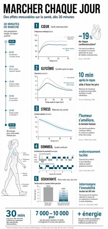 Infographie sur les bienfaits de marcher 30 minutes par jour, avec chiffres clés sur le cœur, la glycémie, le stress et le sommeil