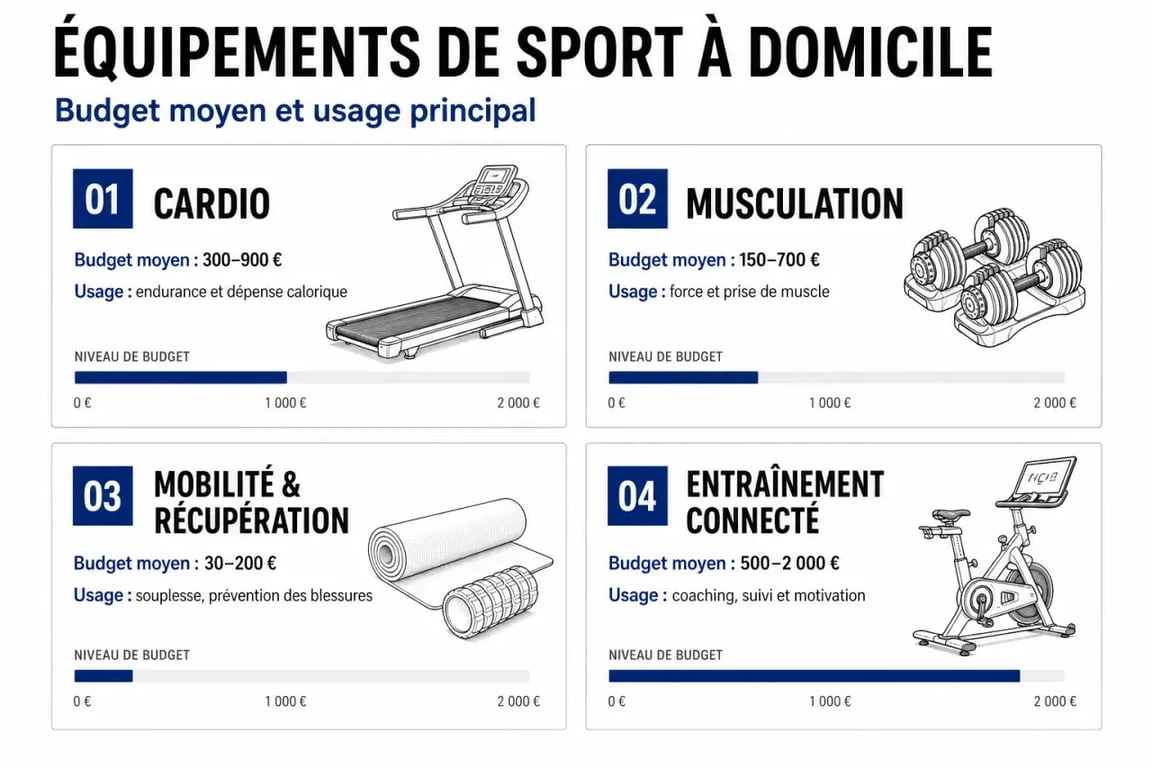 Infographie comparative du matériel de sport maison : budget et usage