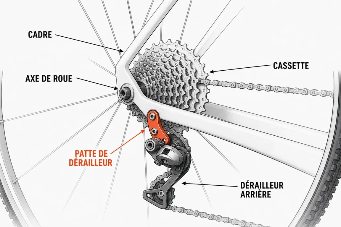 Patte de derailleur sur un vélo : schéma du montage arrière et des points de fixation
