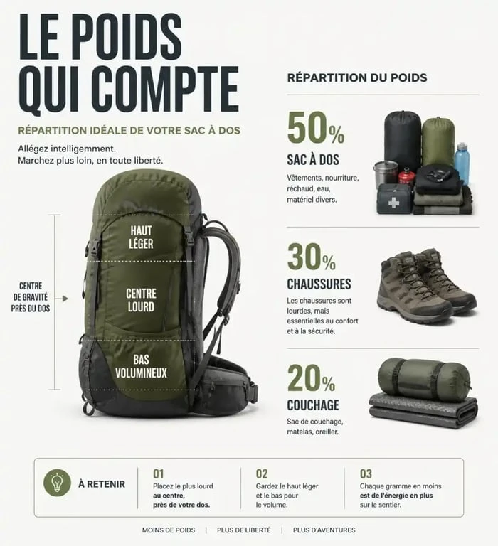Infographie sur le matériel indispensable pour préparer un trek en montagne et la gestion du poids du sac à dos