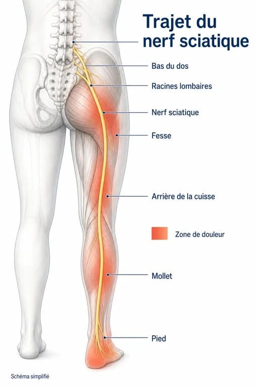 Schéma anatomique du trajet du nerf sciatique pour les coureurs souffrant de sciatique