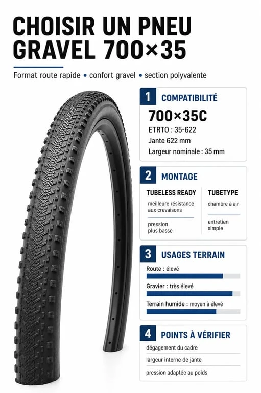 Pneu gravel 700x35 : infographie comparative sur la compatibilité, le tubeless ready et les usages terrain