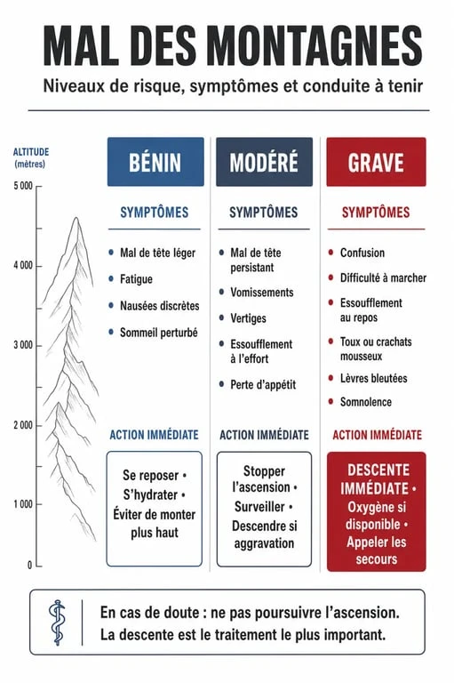 Infographie sur le traitement préventif et les symptômes du mal des montagnes