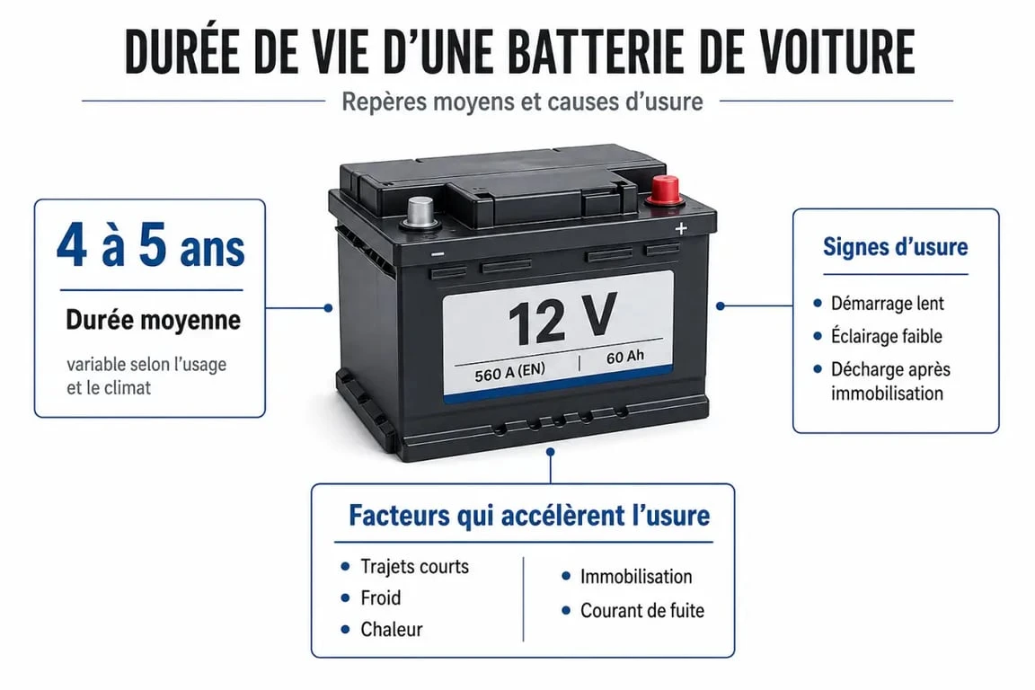 Durée de vie batterie : infographie sur les signes d’usure et les facteurs qui réduisent la durée de vie d’une batterie de voiture