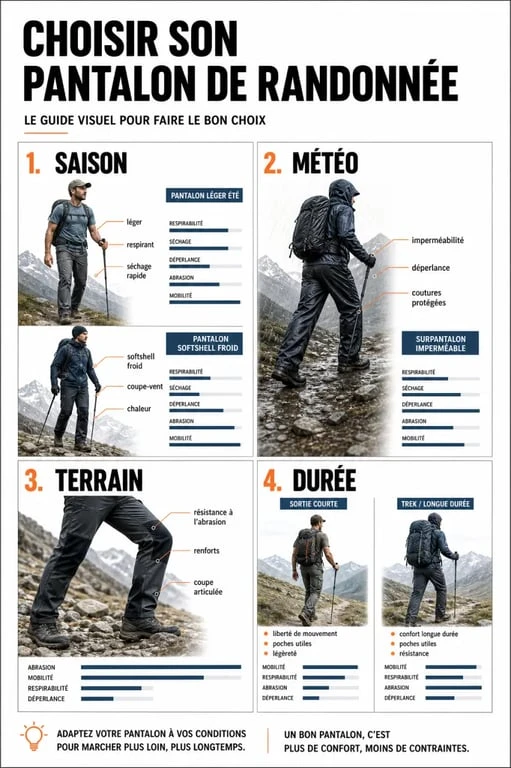 Infographie pour choisir un pantalon pour randonnée selon la saison, la météo, le terrain et la durée