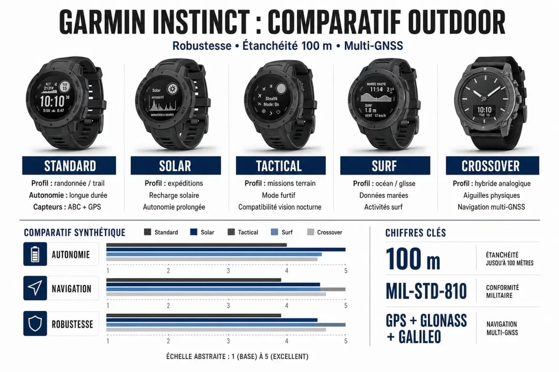Comparatif visuel de la montre Garmin Instinct et de ses versions outdoor