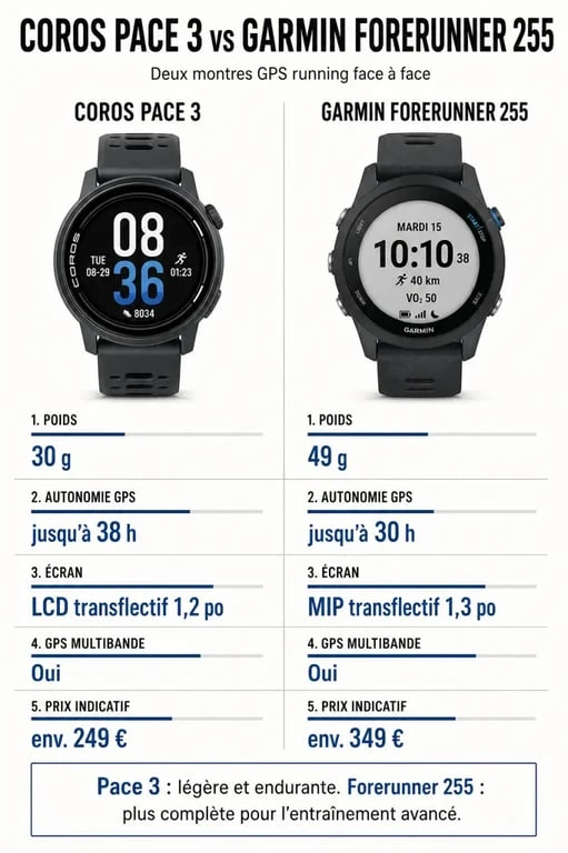 Coros Pace 3 vs Garmin 255 comparatif visuel des montres GPS sportives