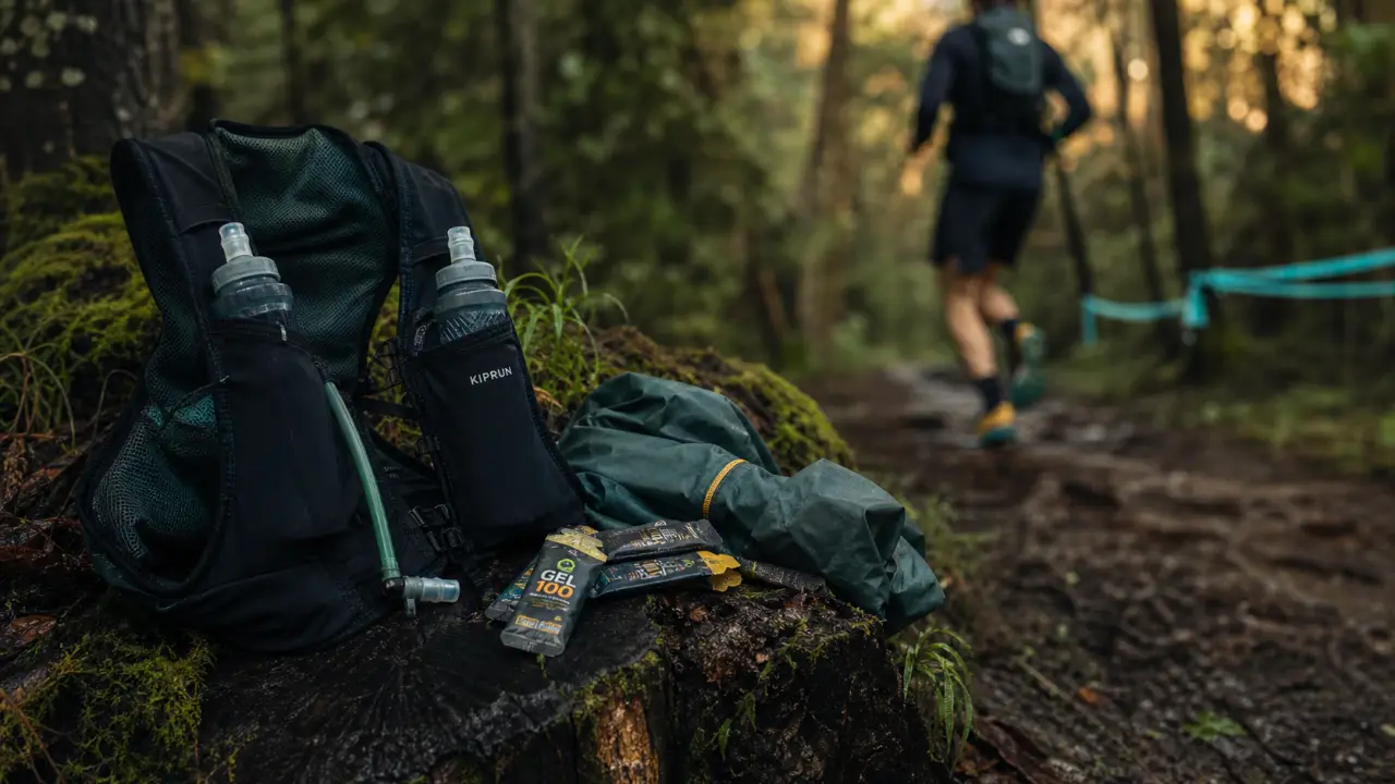 Gilet hydratation noir avec flasques souples et maintien sans rebond sur sentier