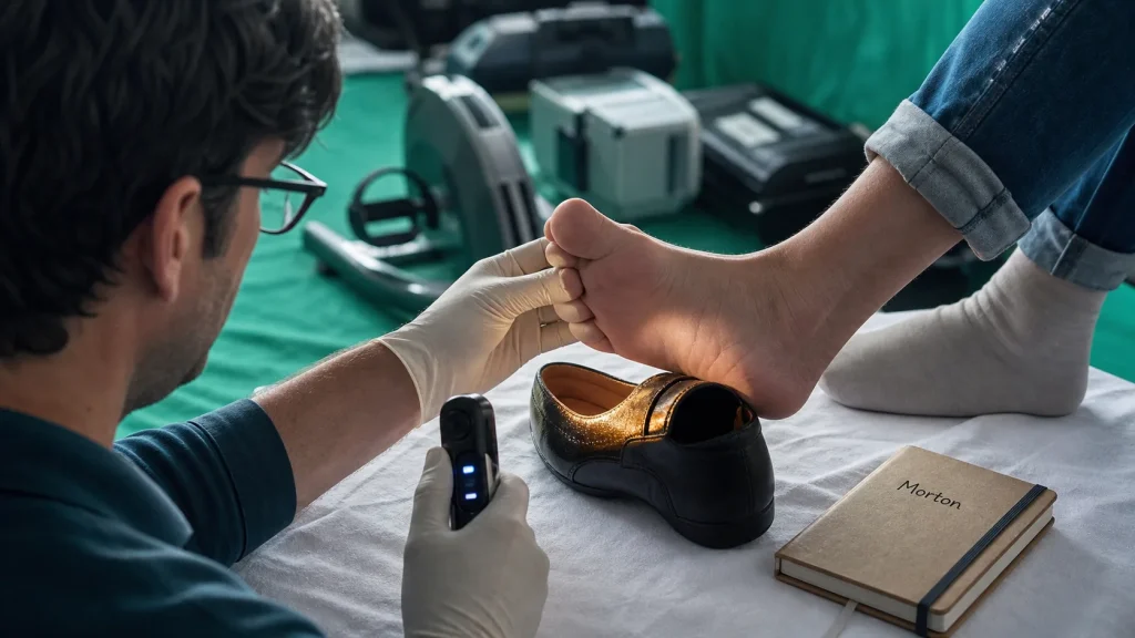 Maladie de morton : podologue examine l’avant-pied avec chaussure étroite