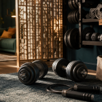 Materiel sport maison : tapis, haltères et corde à sauter pour home gym compact