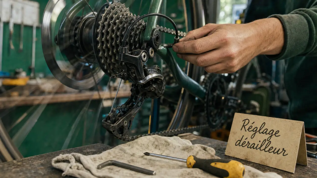 Regler derailleur arriere : dérailleur et outils sur établi