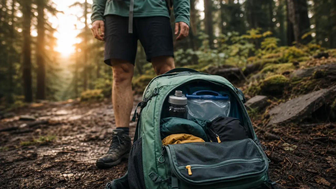 Sac à dos petite randonnée 20 L sur chemin forestier, sac ouvert et équipement visible
