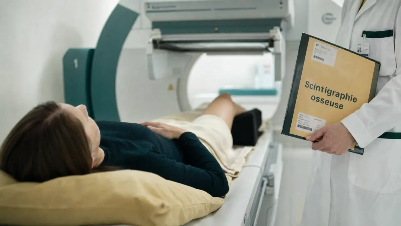Scintigraphie genoux en médecine nucléaire, genou sur table d’examen