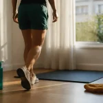 Sport matinale : routine durable 30 minutes, tapis et eau près de la fenêtre