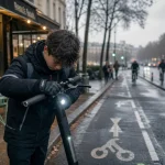 Trottinette électrique age 14 ans : casque et vélo près d’une piste cyclable
