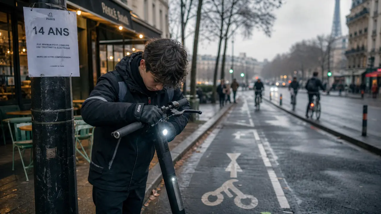 Trottinette électrique age 14 ans : casque et vélo près d’une piste cyclable