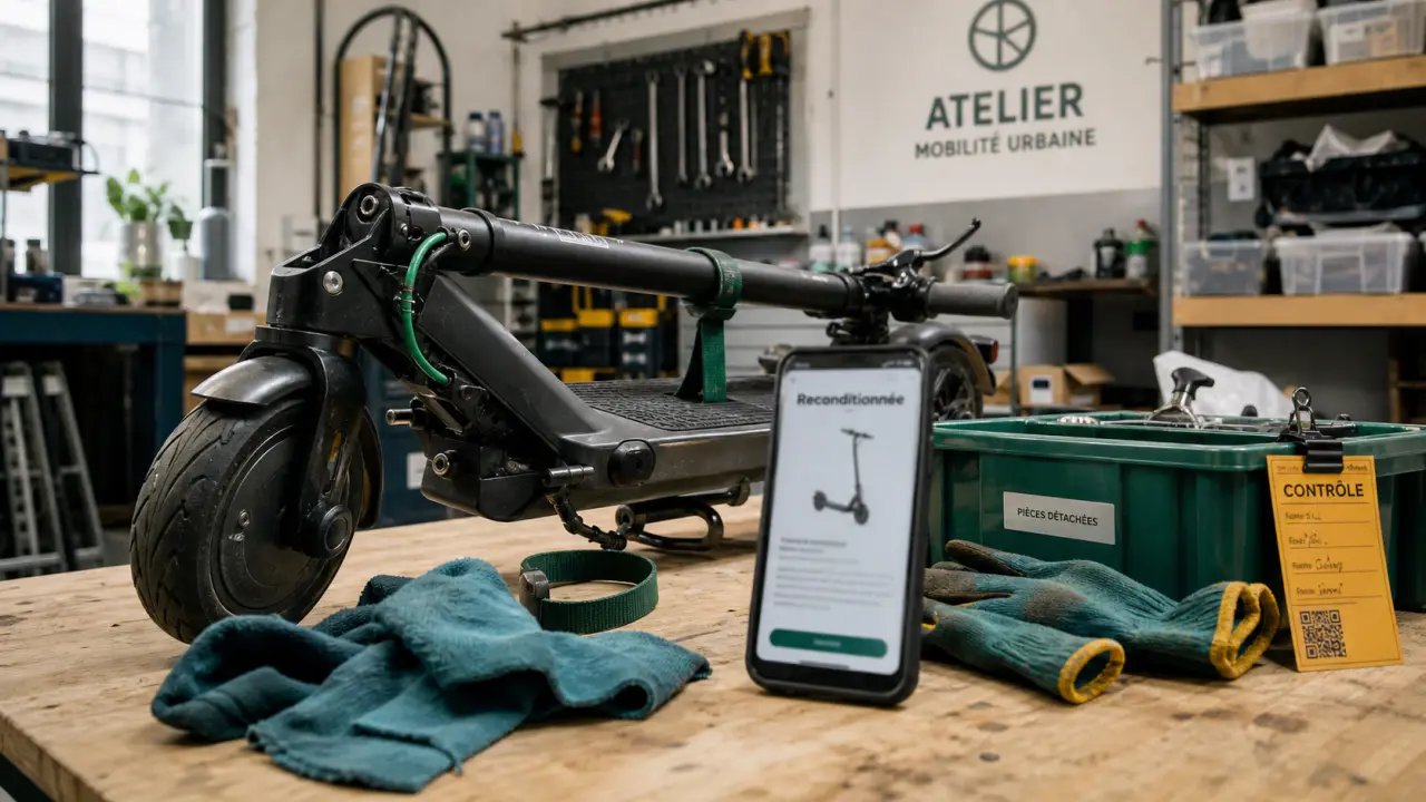 Trottinette electrique reconditionné en atelier urbain, fiche produit