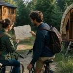 Vacances insolites France : couple à vélo devant une cabane sur pilotis et dunes