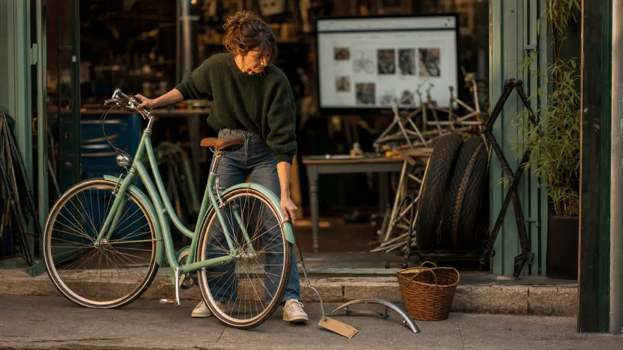Vélo pas cher femme en boutique, essai vélo de ville