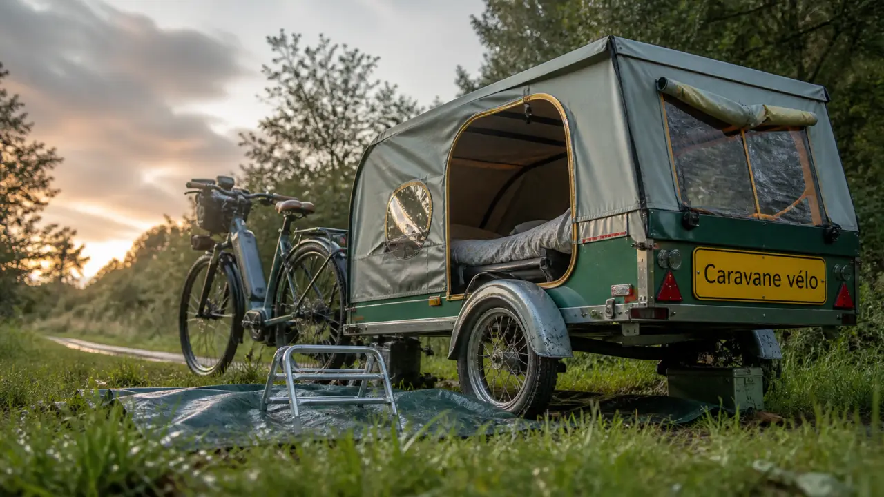 Caravane velo compacte attelée à un vélo électrique, panneau déployé, confort