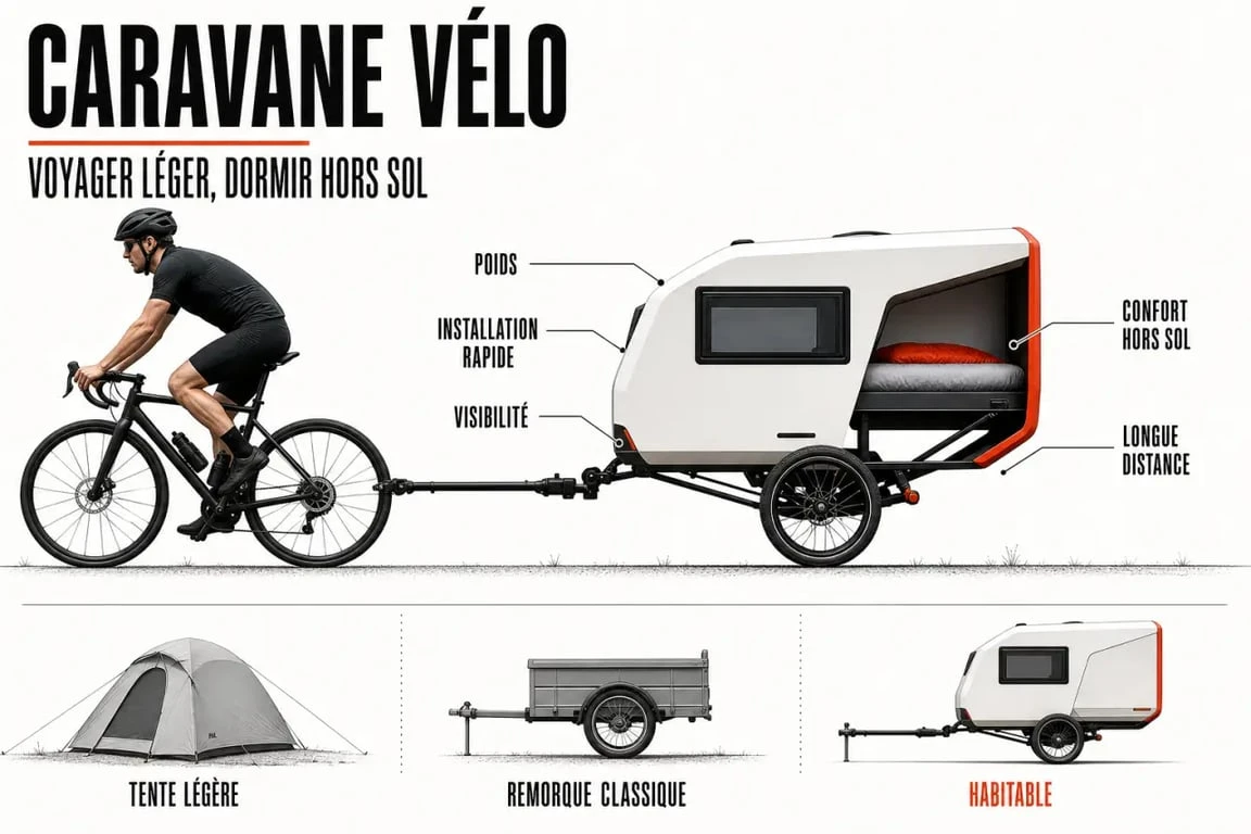 Caravane velo en voyage, comparaison visuelle avec tente et remorque, confort et usage longue distance