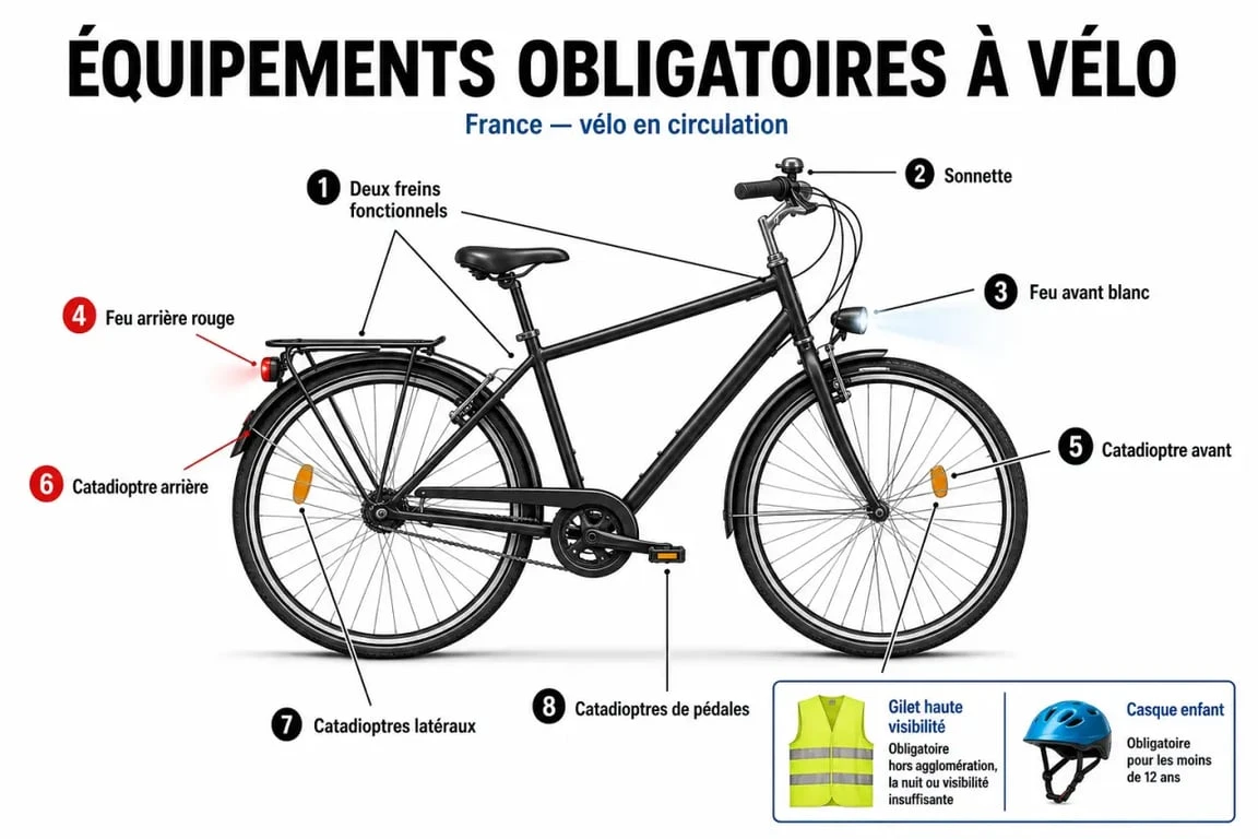 Équipement vélo obligatoire en France illustré sur un vélo de ville avec feux, freins, sonnette et catadioptres