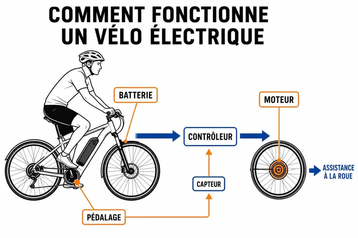 Fonctionnement vélo électrique avec batterie, contrôleur et moteur