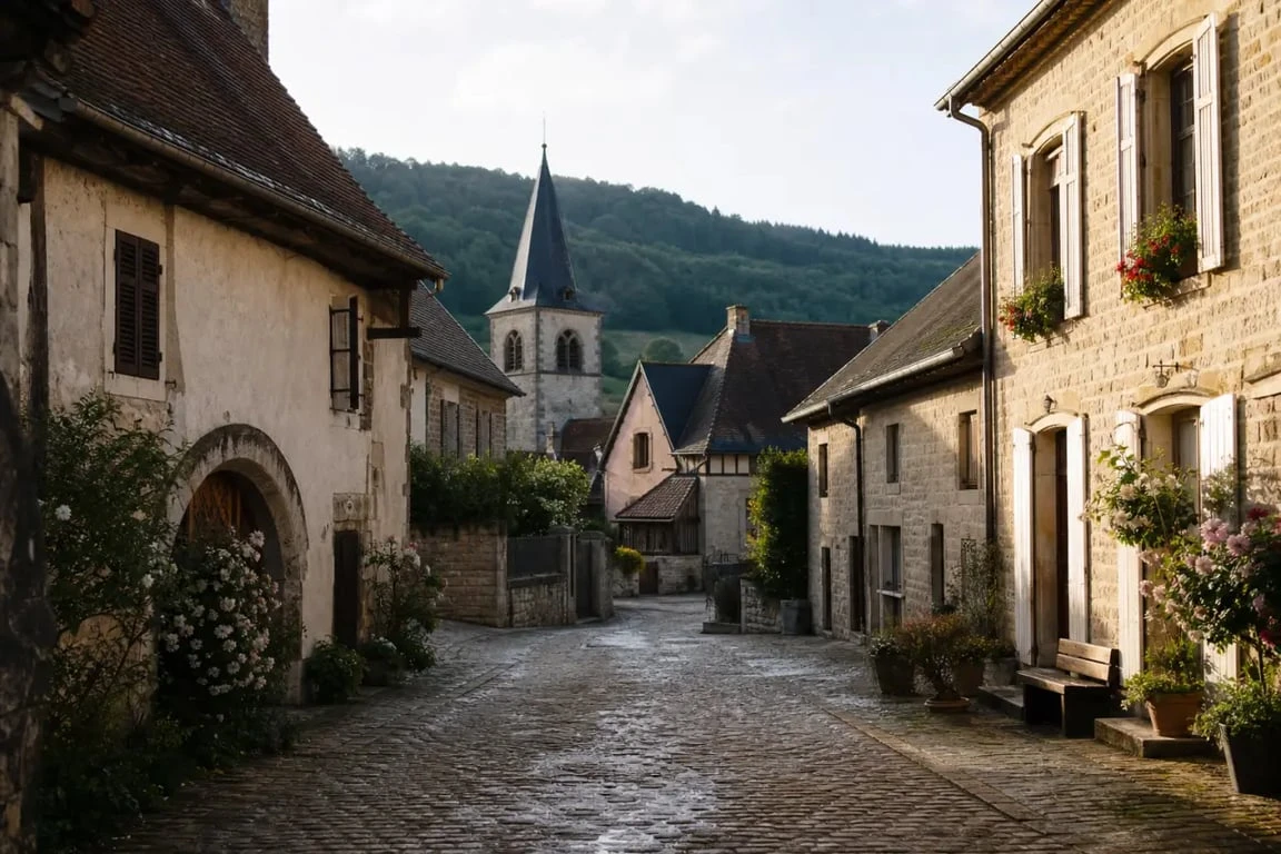 Les plus beaux villages des Vosges : vue éditoriale d’un village de charme avec maisons anciennes et collines boisées