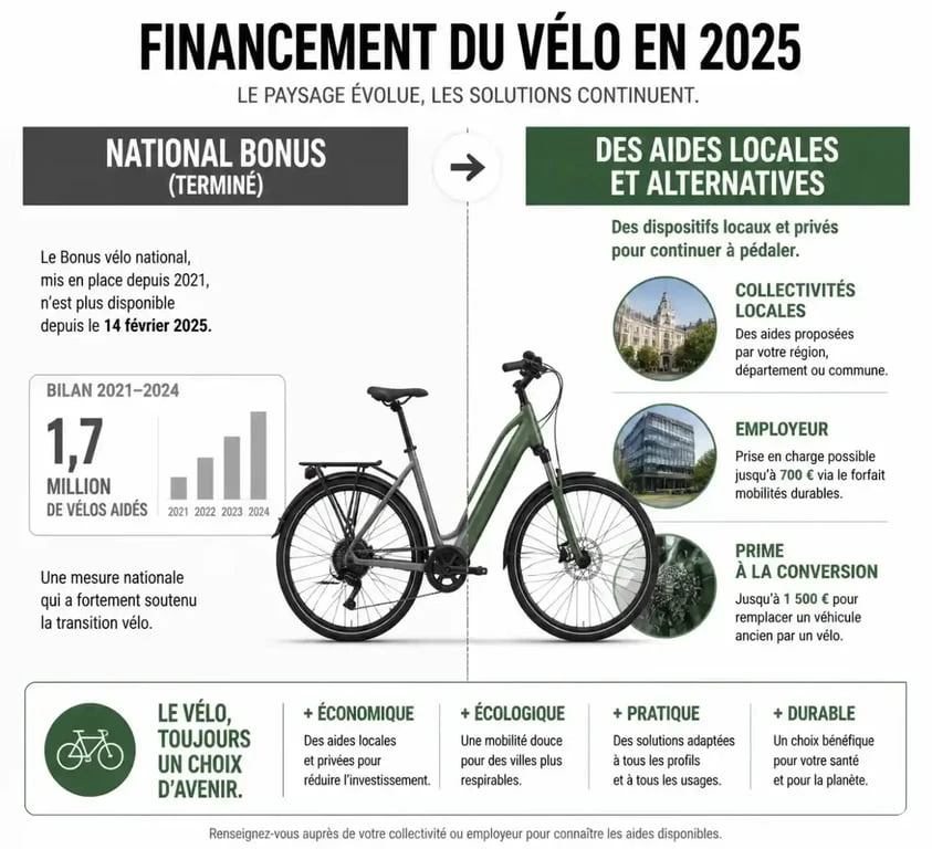 Infographie sur la fin de la prime vélo électrique nationale 2025 et les nouvelles aides locales
