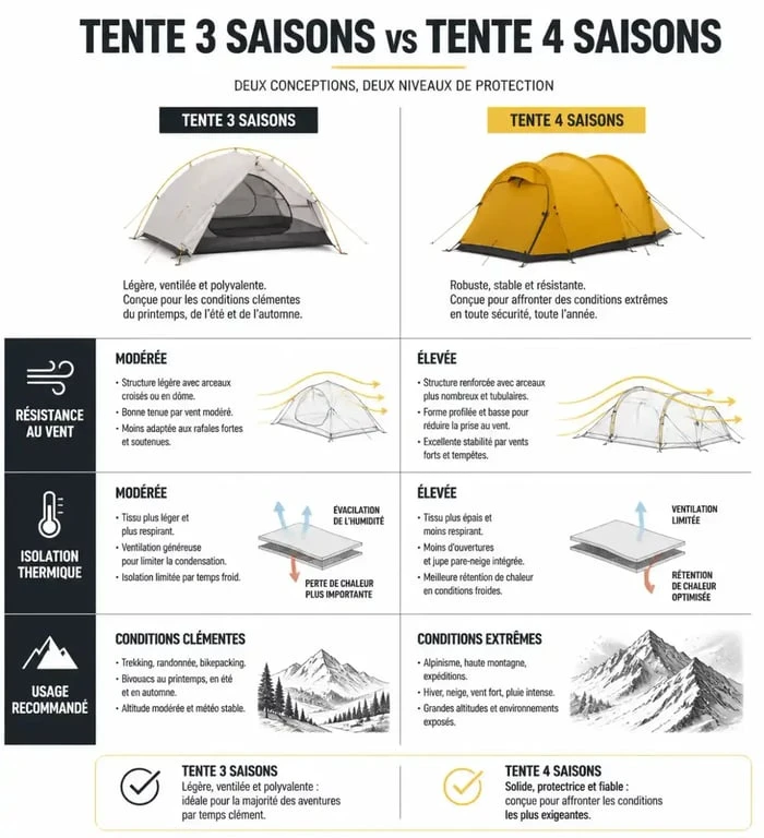 Infographie comparative des caractéristiques techniques entre une tente 3 saisons et une tente 4 saisons pour le bivouac.