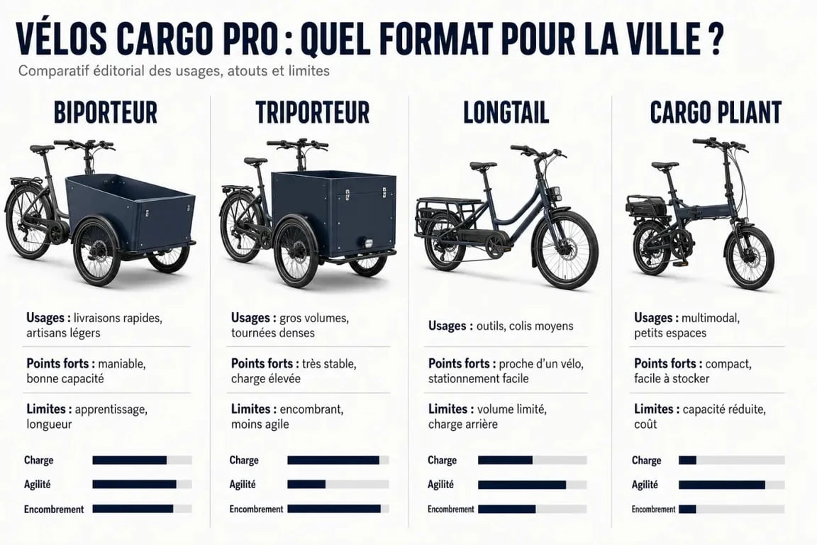 Velo cargo electrique professionnel : comparatif des formats biporteur, triporteur, longtail et cargo pliant