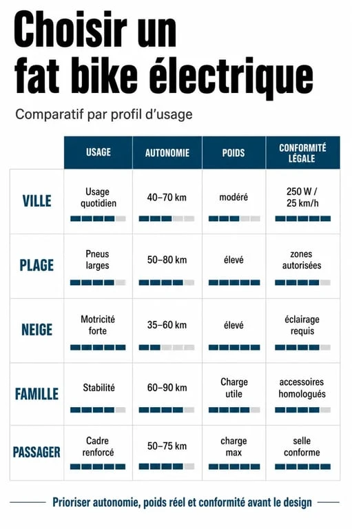 Infographie comparative sur le meilleur fat bike electrique selon l’usage, l’autonomie, le poids et la conformité