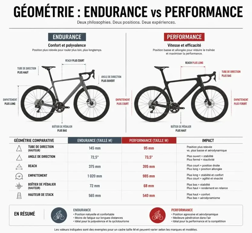 Schéma comparatif de géométrie pour choisir son vélo de route : endurance vs performance