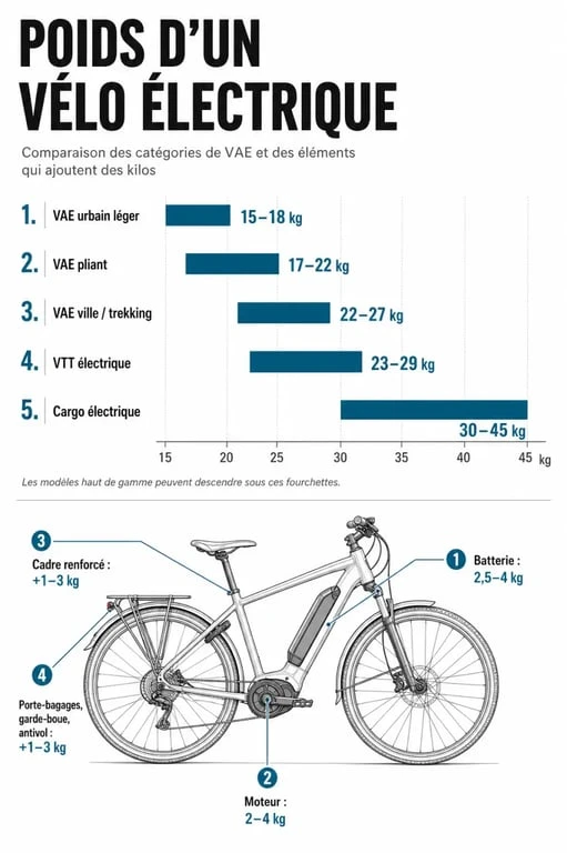 Poids velo electrique comparé par catégorie et par composants