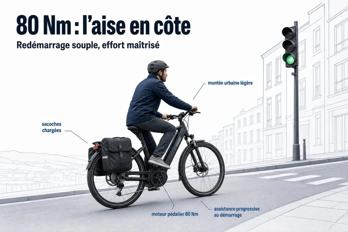 Vélo électrique couple 80 Nm en montée avec sacoches et assistance confortable
