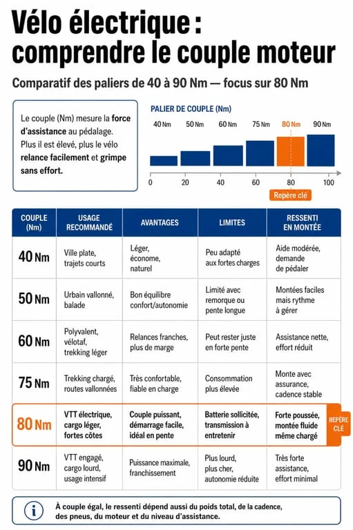 Vélo électrique couple 80 Nm : comparatif des couples 40 à 90 Nm, usages et limites