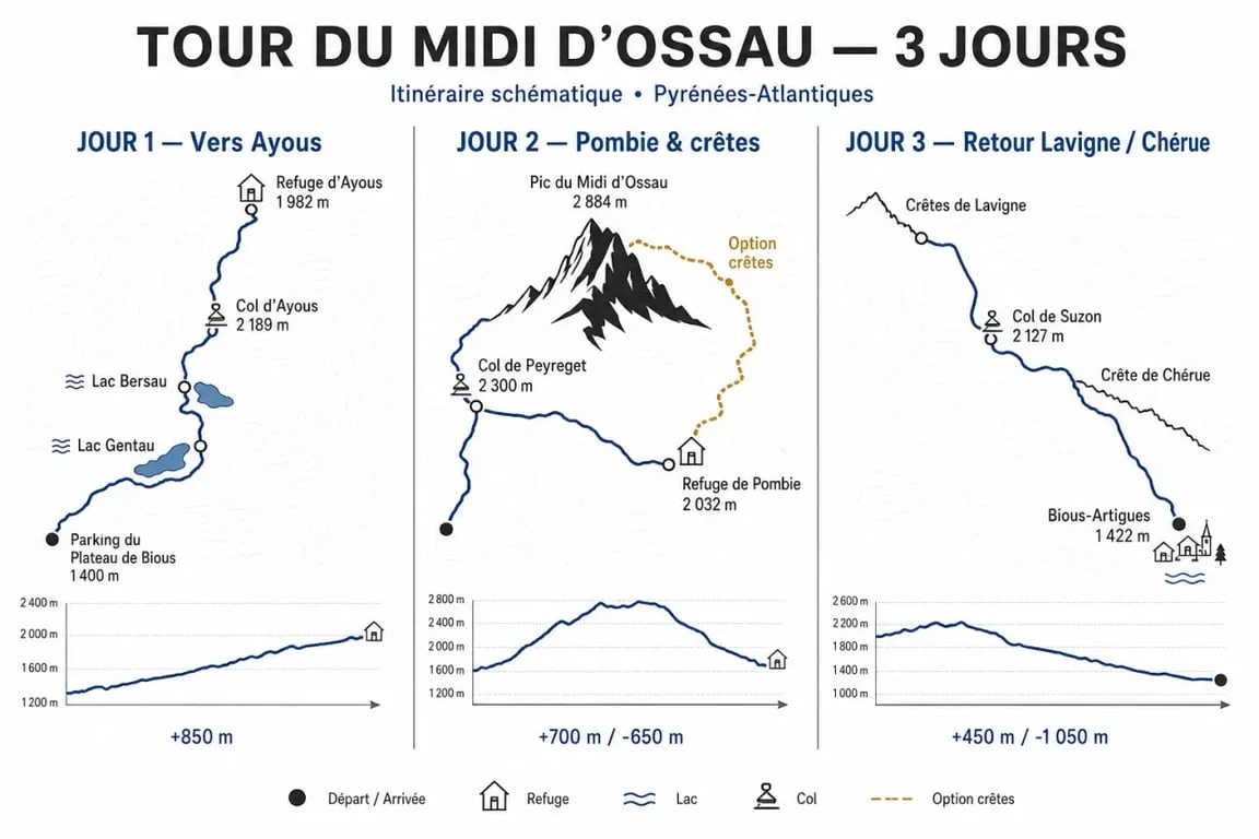 Randonnée 3 jours Pyrénées autour du pic du Midi d’Ossau, itinéraire en 3 étapes entre Ayous et Pombie