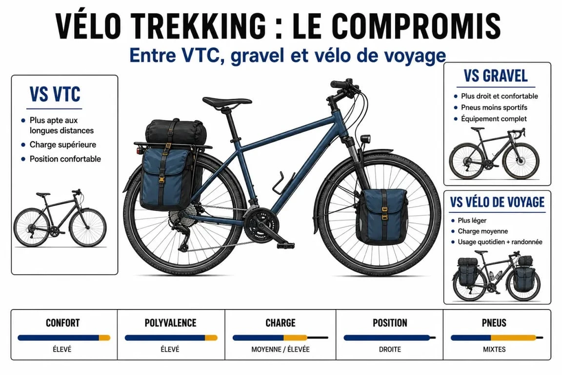 Vélo trekking : illustration comparative des différences avec VTC, gravel et vélo de voyage