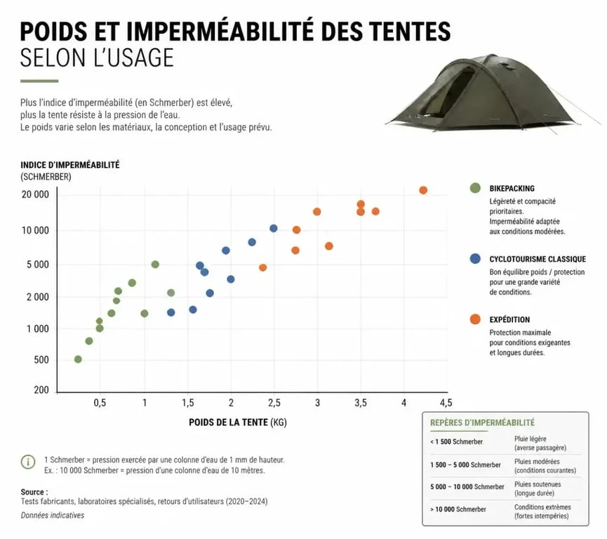 Tableau des critères techniques pour choisir sa tente vélo : poids et imperméabilité