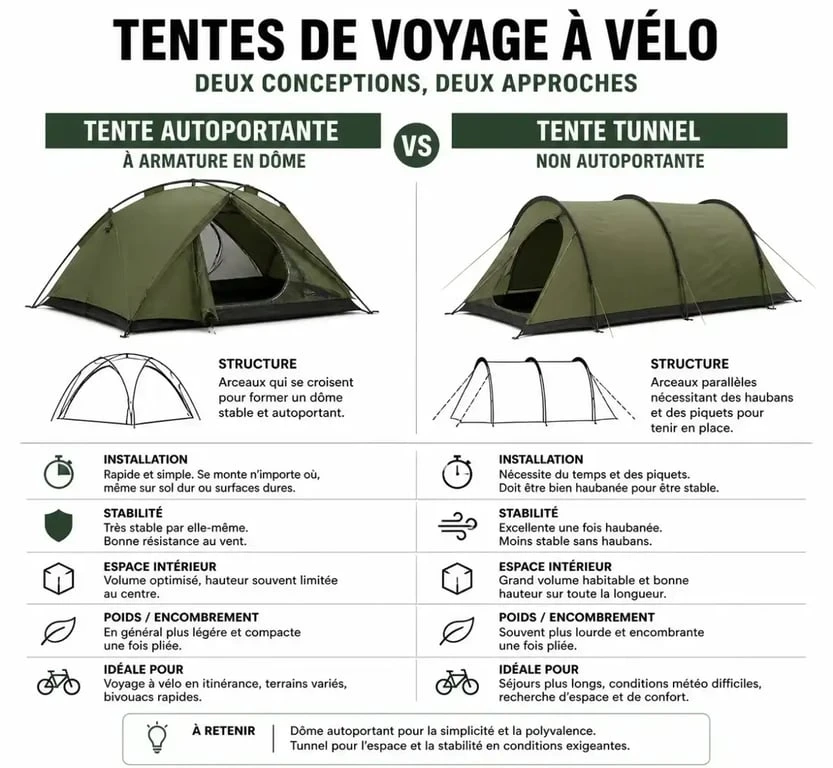 Comparaison entre tente vélo autoportante et tente tunnel pour le cyclotourisme