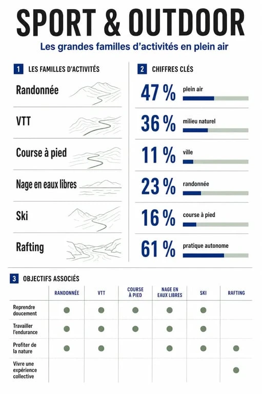 Infographie sport & outdoor sur les activités en plein air, les objectifs et les bénéfices