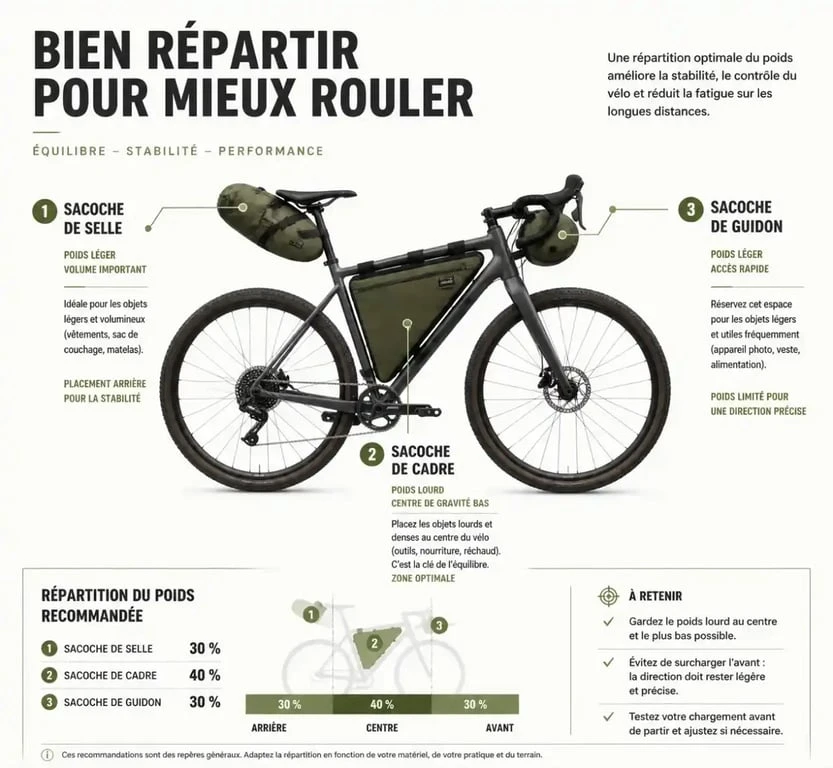 Schéma de répartition des masses pour sacoche gravel sur un vélo