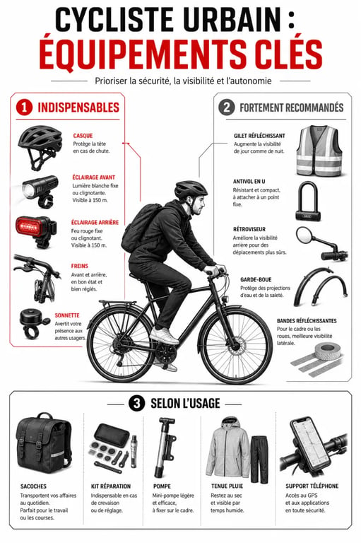 Optimiser son équipement pour les trajets urbains à vélo : cycliste urbain et priorités de sécurité, visibilité et portage