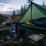 Materiel bivouac : tente ouverte et matelas isolant, tente et sac de couchage